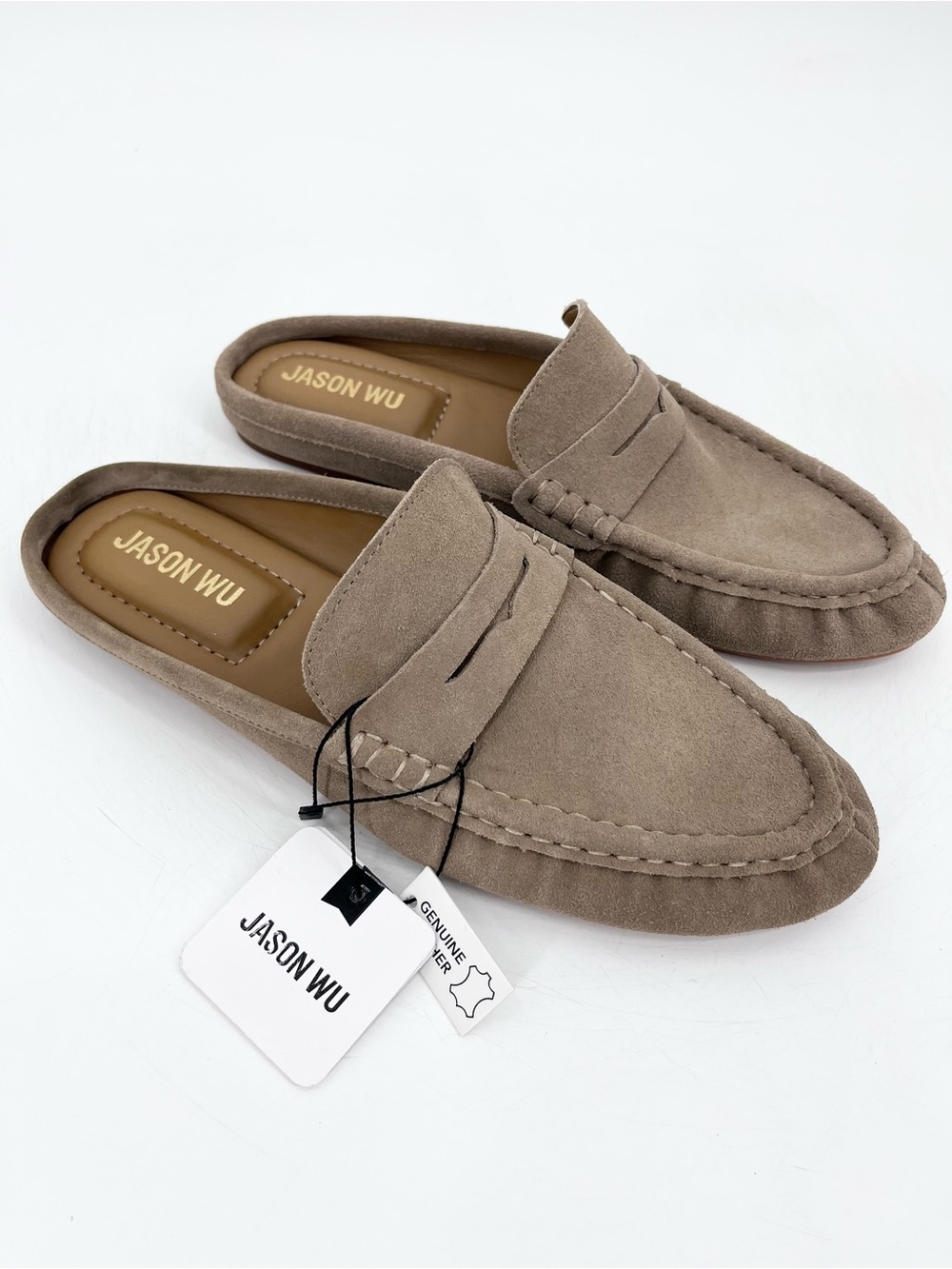NWT Jason Wu Meeky Neutral Taupe-Beige Suede Penny Loafer Slip-On Mules Size  9